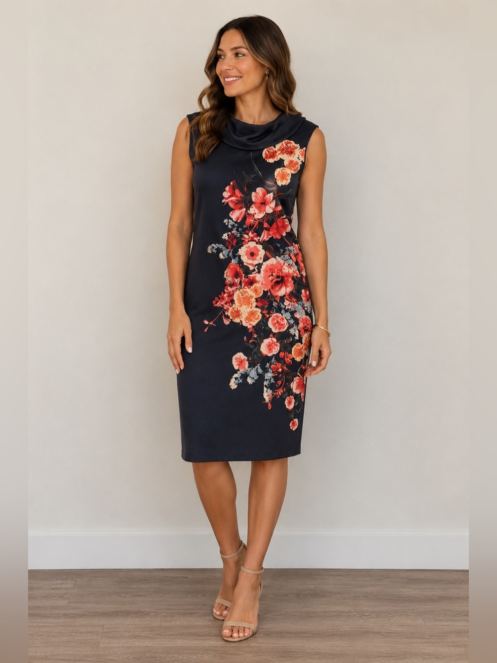 ECI Blue and Black Sheath Midi Dress for Wedding Guest